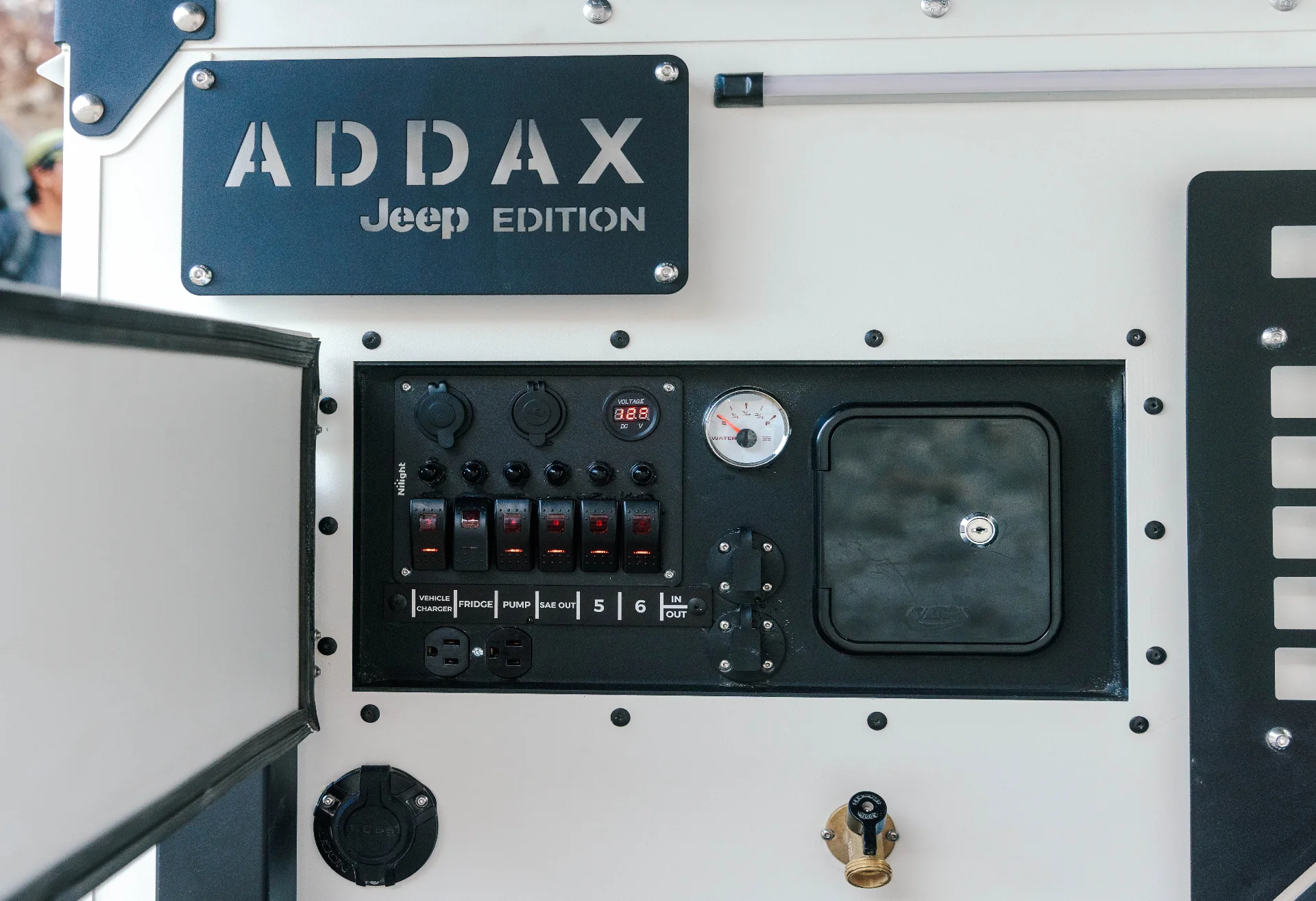 Power and electrical panel detail on an ADDAX overland trailer